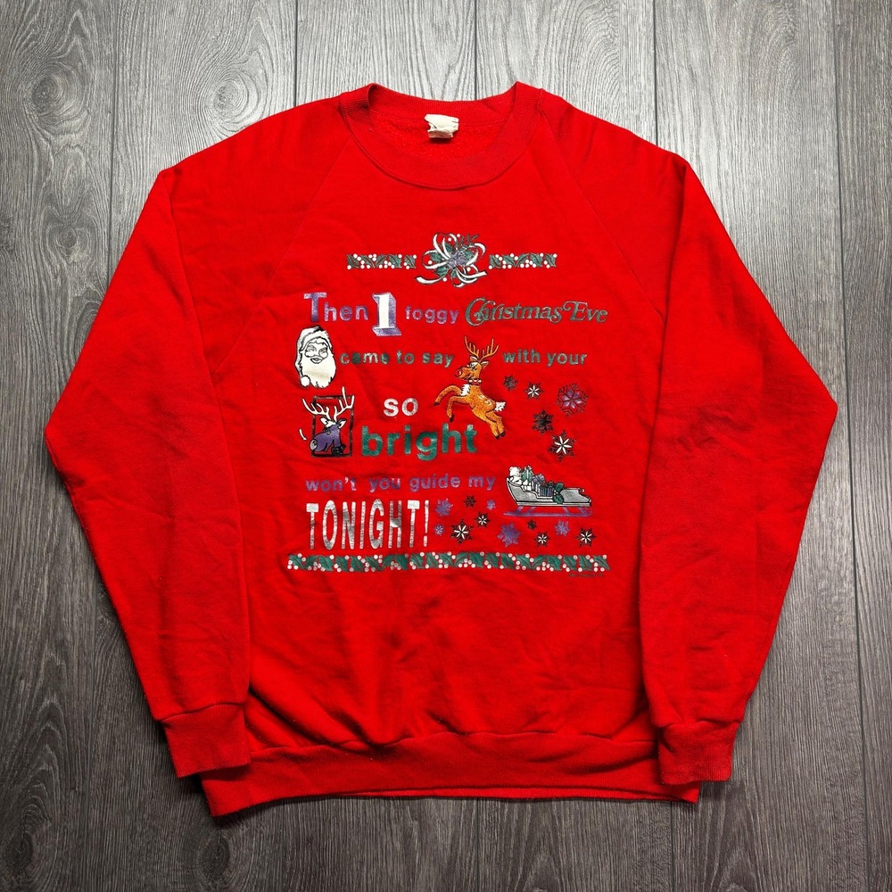 Vintage Rudolph The Rain Deer 1980s Raglan Sweatshirt Red L Large Christmas